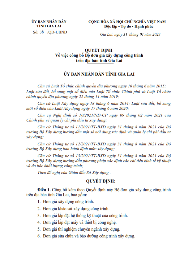 don gia xay dung tinh Gia Lai